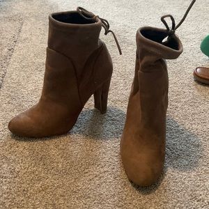 Charles David tan bootie . Ties in back